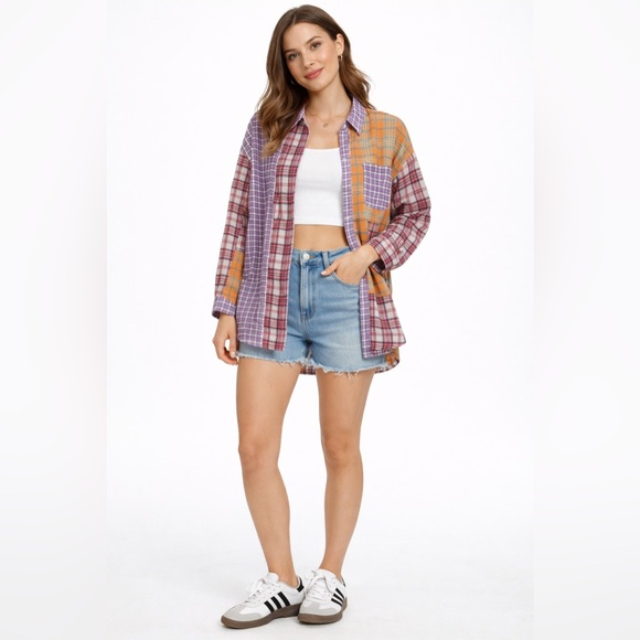 Better Be Women’s Patchwork Plaid Button-Down Shirt Multicolor Oversized Flannel - Picture 1 of 16
